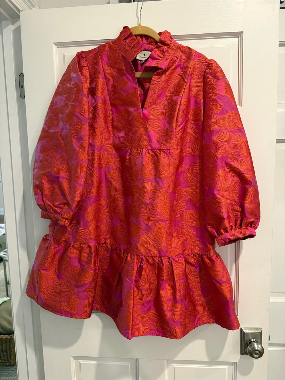 Tuckernuck Pink and Orange Floral Puff-Sleeve Tiered Dress